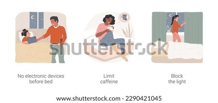Sleep hygiene isolated cartoon vector illustration set. No electronic devices before bed, take tablet from kid, limit caffeine, block the light before sleep, put dark curtains vector cartoon.