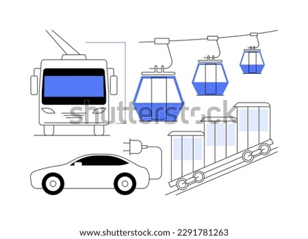 Cable transport abstract concept vector illustration. Cable ways, transport modes, ev electric car bus, old funicular, trolleybus, carrying tourists, ski slopes, close up cabine abstract metaphor.