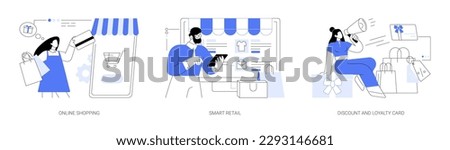 E-commerce platform abstract concept vector illustration set. Online shopping, smart retail, discount and loyalty card, digital product catalog, goods delivery, VR concept store abstract metaphor.