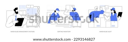 Inventory management and control abstract concept vector illustration set. Warehouse management systems, sorting inventory, warehouse audit, worldwide transportation logistics abstract metaphor.
