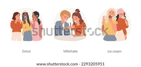 Teenagers favorite sweets isolated cartoon vector illustration set. Teenage girls eating delicious donuts, teen couple drinking milkshake together, friends buy delicious ice cream vector cartoon.