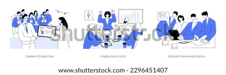 Corporate events abstract concept vector illustration set. Company celebrations, teambuilding events, corporate news and updates, employee couching, workshops and activities abstract metaphor.