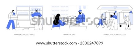 Cash and carry abstract concept vector illustration set. Wholesale product range, pay on the spot, transport purchased goods, customer with a trolley, cashier at the checkout abstract metaphor.