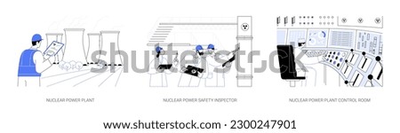 Nuclear energy abstract concept vector illustration set. Nuclear power plant producing electricity, safety inspector, engineers in power plant control room, renewable energy abstract metaphor.