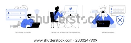 Password management abstract concept vector illustration set. Man with laptop create password, two-factor authentication verification, wrong login info, access blocked, data loss abstract metaphor.