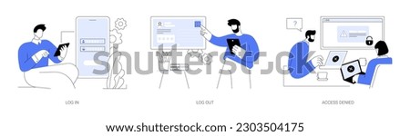 User profile access abstract concept vector illustration set. Log in on computer, log out button on the screen, sign out of account, access denied notification, wrong password abstract metaphor.