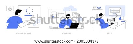 Working on computer abstract concept vector illustration set. Man download professional software on laptop, uploading documents, file management, sign up online, register on website abstract metaphor.