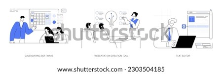 Working with software abstract concept vector illustration set. Business people using online professional calendar, cloud-based presentation creation tool, edit document text editor abstract metaphor.