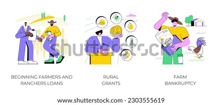 Farm loans isolated cartoon vector illustrations set. Beginning ranchers credit, farmer meeting a banker, rural grant, agribusiness development, payment program, farm bankruptcy vector cartoon.