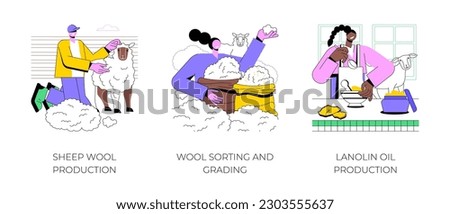 Secondary products production isolated cartoon vector illustrations set. Farmer making sheep wool at farm, sorting and grading, splitting-up of fleeces, lanolin oil creation vector cartoon.