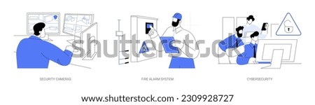 Security technologies abstract concept vector illustration set. Guard monitors the room using cameras, man checking fire alarm system, cybersecurity, protect computer system abstract metaphor.