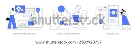 Business process automation abstract concept vector illustration set. Artificial intelligence for workflow organization, turn on RPA mode, intelligent bot, chatbot for marketing abstract metaphor.