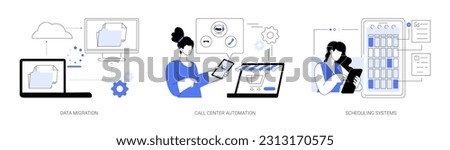 Automation software abstract concept vector illustration set. Data migration, format processing, call center help desk application, scheduling system, automate business process abstract metaphor.