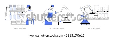 Industry robots abstract concept vector illustration set. Robotic food and beverage dispensing, pick and place robot, service sector automation, palletizing autonomous machine abstract metaphor.