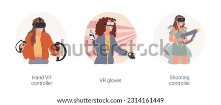 VR accessories isolated cartoon vector illustration set. Hand controller, teenager wearing headset, play game at home, VR gloves, hold shooting controller, augmented reality gaming vector cartoon.