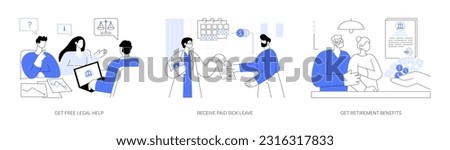 Social security services abstract concept vector illustration set. Get free legal help, citizen receives paid sick leave from doctor, retirement benefits, financial aid documents abstract metaphor.