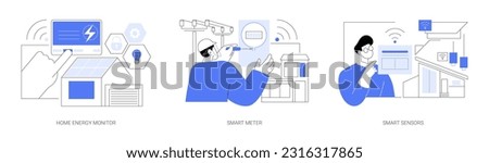 Smart house technology abstract concept vector illustration set. Home energy monitor, smart meter, IoT sensors at home, HVAC control, modern monitoring system, smart grid abstract metaphor.