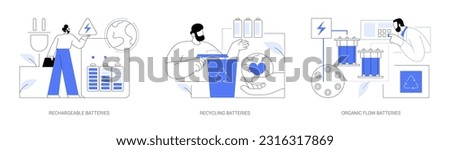 Sustainable batteries abstract concept vector illustration set. Eco-friendly rechargeable batteries, box for recycling, organic flow energy source, power adapter, sustainable energy abstract metaphor.