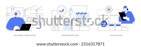 Renewable energy abstract concept vector illustration set. Engineer working at geothermal power station, biomass energy plant, nuclear fusion, sustainable technology abstract metaphor.