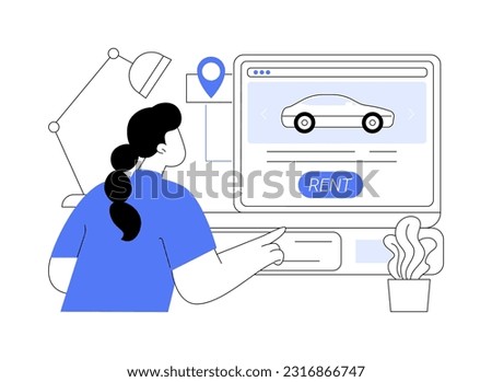 Renting car online abstract concept vector illustration. Woman making online car booking using laptop, rent a commercial city transport, urban vehicle carsharing service abstract metaphor.