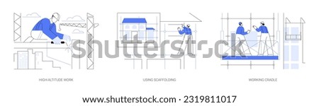 Construction works at height abstract concept vector illustration set. High-altitude work, using scaffolding, working cradle, building process, work safety, commercial property abstract metaphor.