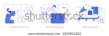 HVAC installation abstract concept vector illustration set. Ventilation and heating system installation, central air conditioning, commercial construction, HVAC engineer abstract metaphor.