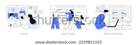Project management tools abstract concept vector illustration set. Diverse colleagues talking via video chat, manage timeline online, get status update, collaboration software abstract metaphor.