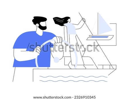 Yacht steering system abstract concept vector illustration. Man turns the wheel of the yacht, hold on to the helm, sailing sport, personal boat, water transport, happy vacation abstract metaphor.