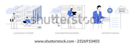 Datacenter abstract concept vector illustration set. Diverse colleagues testing cloud reliability, network infrastructure engineer, data center technician job, server maintenance abstract metaphor.