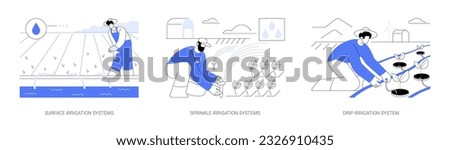 Irrigation systems abstract concept vector illustration set. Surface irrigation systems, sprinklers on farm field, drip watering, plant growing, agribusiness industry abstract metaphor.