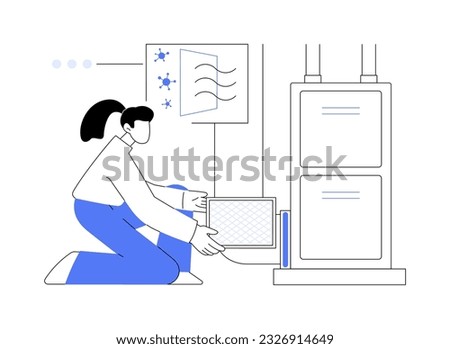 Air filtration abstract concept vector illustration. Private house maintenance service worker with remediation Hepa filter, mold removal method idea, kill bacteria abstract metaphor.