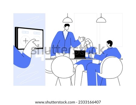 Booking conference room abstract concept vector illustration. Usage of booking conference room software with tablet, group of employees working, corporate business, office life abstract metaphor.