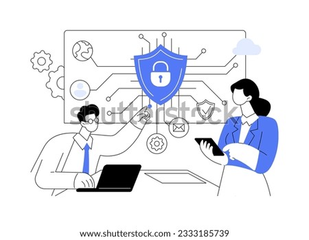 Information security consultant abstract concept vector illustration. Woman consults with a computer security engineer, IT technology, safe network connection control abstract metaphor.