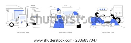 Motorway facilities abstract concept vector illustration set. Buying food and take away coffee at gas station shop, windshield wash, gasoline station cafe, roadside car services abstract metaphor.