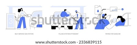 Gasoline station abstract concept vector illustration set. Self-service gasoline station, gas jockey, paying for fuel with credit card, diesel and benzine, refueling car abstract metaphor.