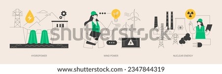 Sustainable energy source abstract concept vector illustration set. Hydropower, wind power and nuclear energy, dam turbine, green electricity supply, uranium atom, environment abstract metaphor.