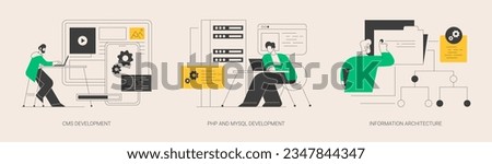 Backend development abstract concept vector illustration set. CMS development, PHP and MySql information architecture, website programmer, coding software, interface web design abstract metaphor.