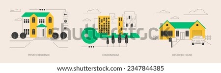 Single family home abstract concept vector illustration set. Private residence, condominium, detached house, land ownership, real estate market, stand-alone household, appartment abstract metaphor.