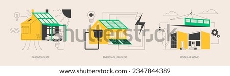 Innovative private construction technologies abstract concept vector illustration set. Passive and energy-plus house, modular home, heating efficiency, reducing ecological footprint abstract metaphor.