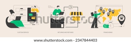 Retail market abstract concept vector illustration set. Custom service, returns and refunds, franchising, website live chat, user experience, online shopping, return goods abstract metaphor.