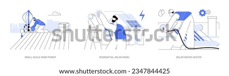 Sustainable energy in construction abstract concept vector illustration set. Small-scale wind power, residential solar panel installing, solar water heater, eco-friendly building abstract metaphor.