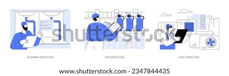 Building utilities inspections abstract concept vector illustration set. Plumbing and fire inspection, checking heating and cooling systems, circulation and ventilation maintenance abstract metaphor.