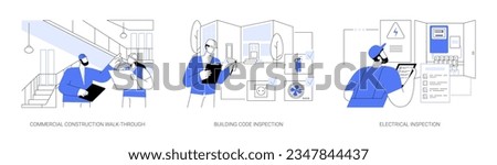 Commercial construction progress inspection abstract concept vector illustration set. Commercial construction walk-through, building code and electrical inspection, writing a report abstract metaphor.