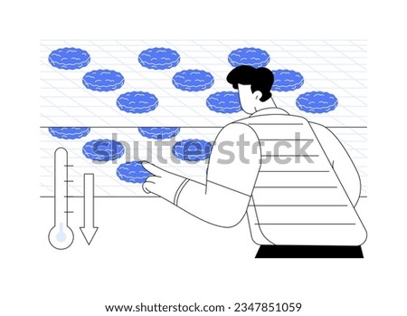 Meat freezing abstract concept vector illustration. Worker putting burger patties in large fridge, food processing industry, meat products freezing, semi-finished products abstract metaphor.