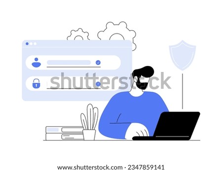 Create new password abstract concept vector illustration. Man with laptop creating password, data protection, IT technology, computing industry, cybersecurity practice abstract metaphor.