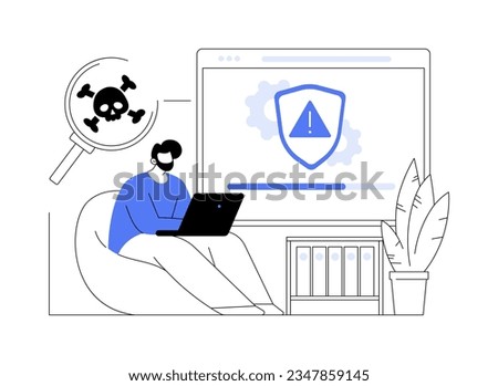 Antivirus software abstract concept vector illustration. Man with laptop using antivirus program, IT technology, no computing viruses, DLP industry, firewall protection abstract metaphor.