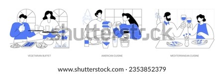 Eating in a restaurant isolated cartoon vector illustrations set. Happy diverse people dining at vegetarian buffet, american cuisine, couple eating burgers, Mediterranean restaurant vector cartoon.