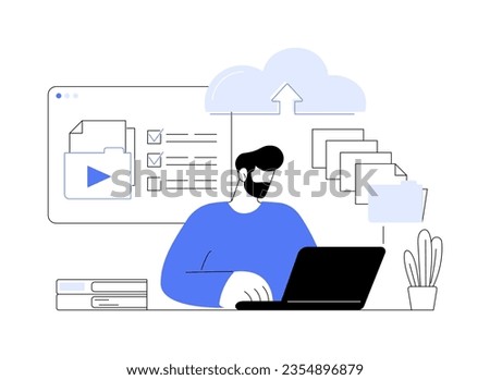 Upload files abstract concept vector illustration. Concentrated man with laptop uploading documents online, modern IT technology, professional computer software, file sharing abstract metaphor.