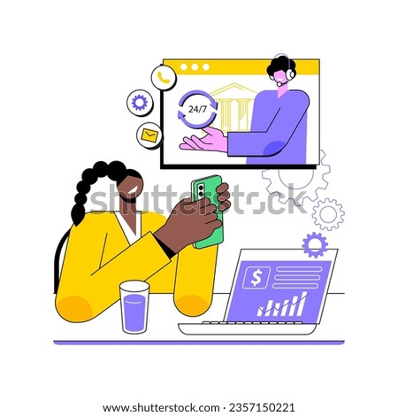 24 for 7 banking support isolated cartoon vector illustrations. Woman using online banking service support, voice assistance, business people, professional assistance center vector cartoon.