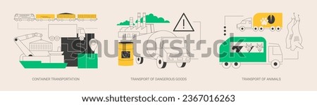 Cargo logistics abstract concept vector illustration set. Container transportation, transport of dangerous goods and animals, ship loading, hazard classes, slaughterhouse abstract metaphor.
